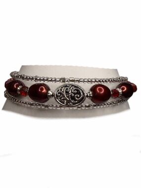 Red Pearl Beaded memory wire Bracelet with Silver Filigree handmade